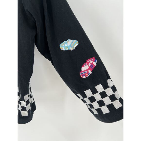 Michael Simon Lite Jacket Womens Medium Black Racecar Racing Flag Cars Buttons - Picture 4 of 16